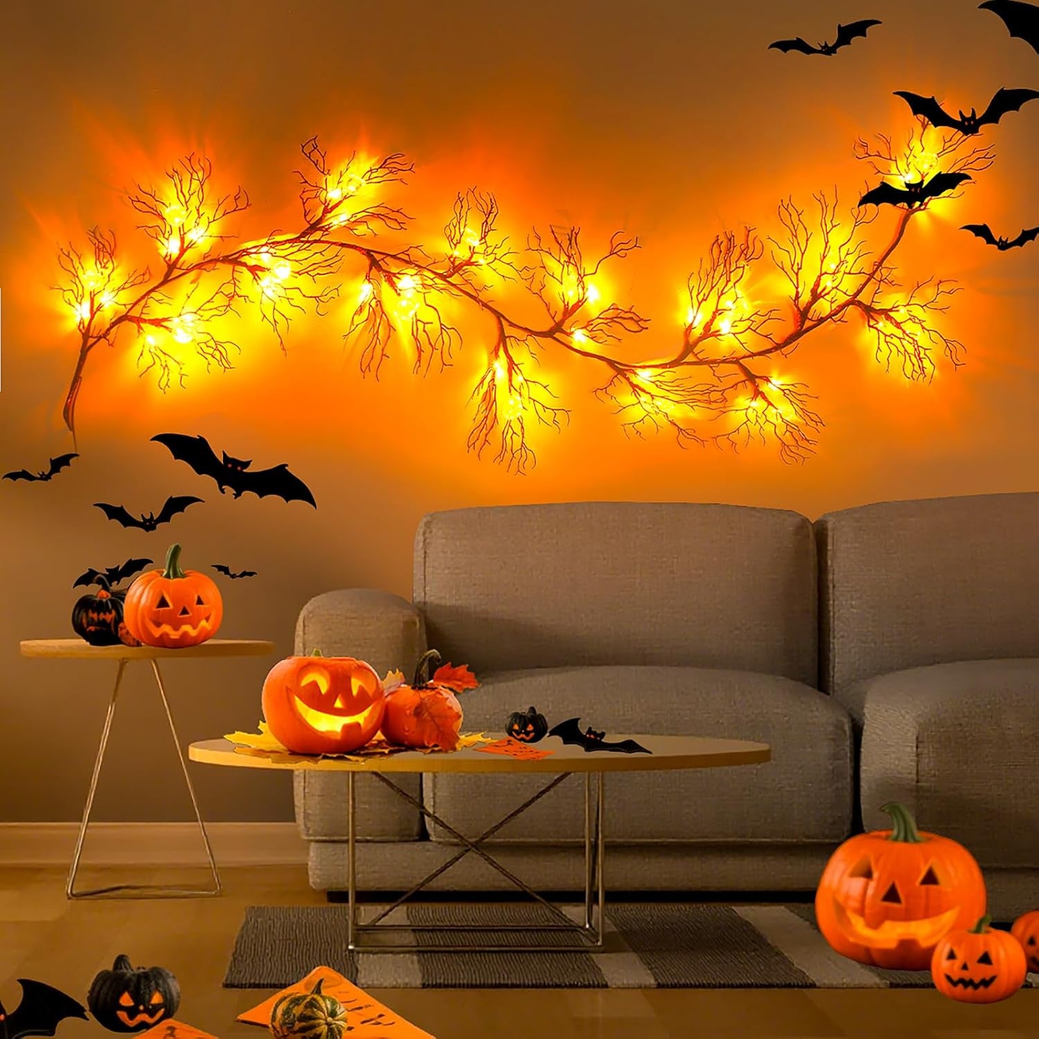 Halloween Garland with Lights Decorations with Pumpkin Lights,Battery Operated 6FT 47 LED Halloween Willow Vine Twig Garland for Mantle,Wall,Fireplace and Halloween Decorations