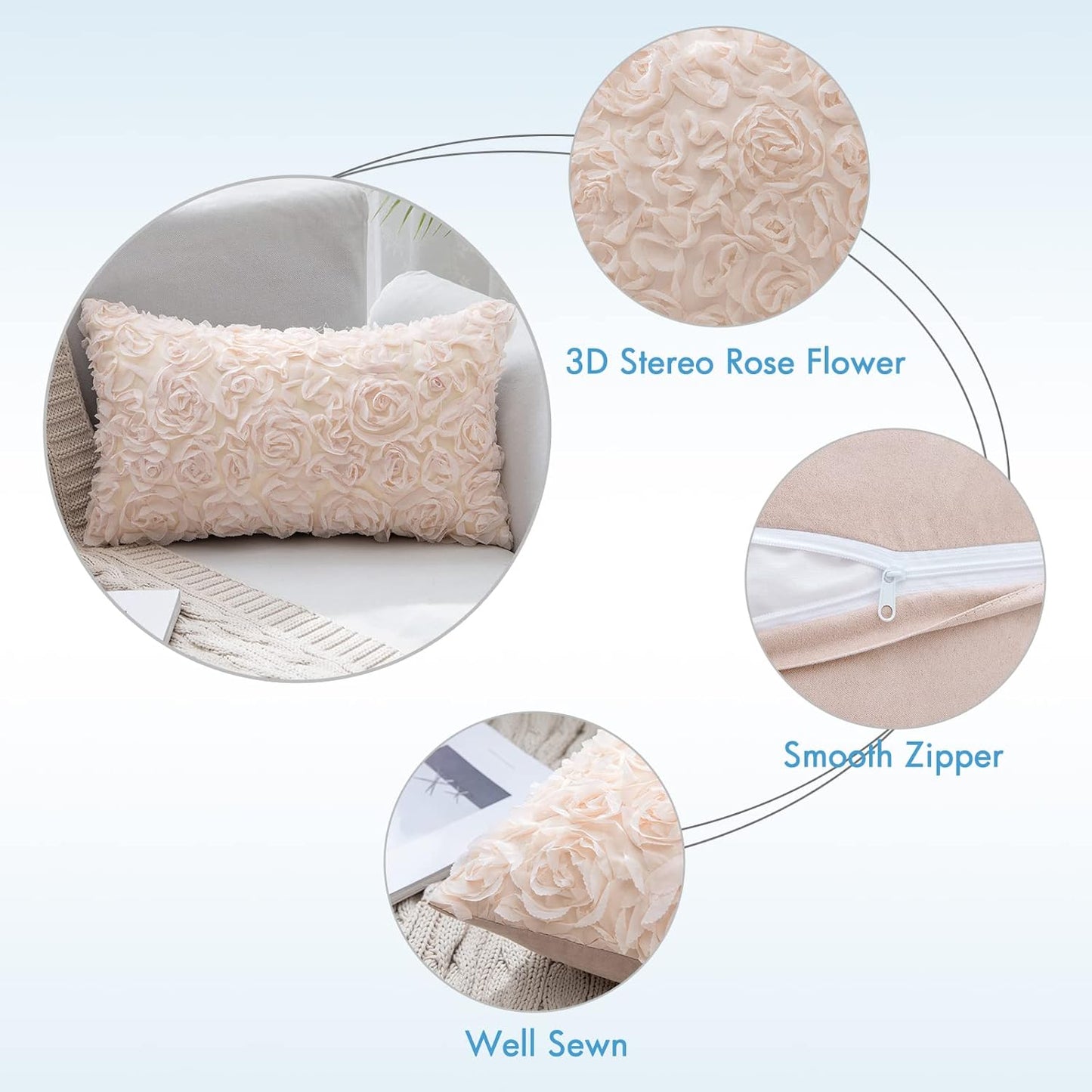 3D Decorative Chiffon Rose Flower Throw Pillow Cover for Valentine's Day - Solid Pillowcase for Women, Ideal for Wedding, Sofa, Bedroom, and Car Decor, 12x20 Inch (30x50 cm), Apricot Pink