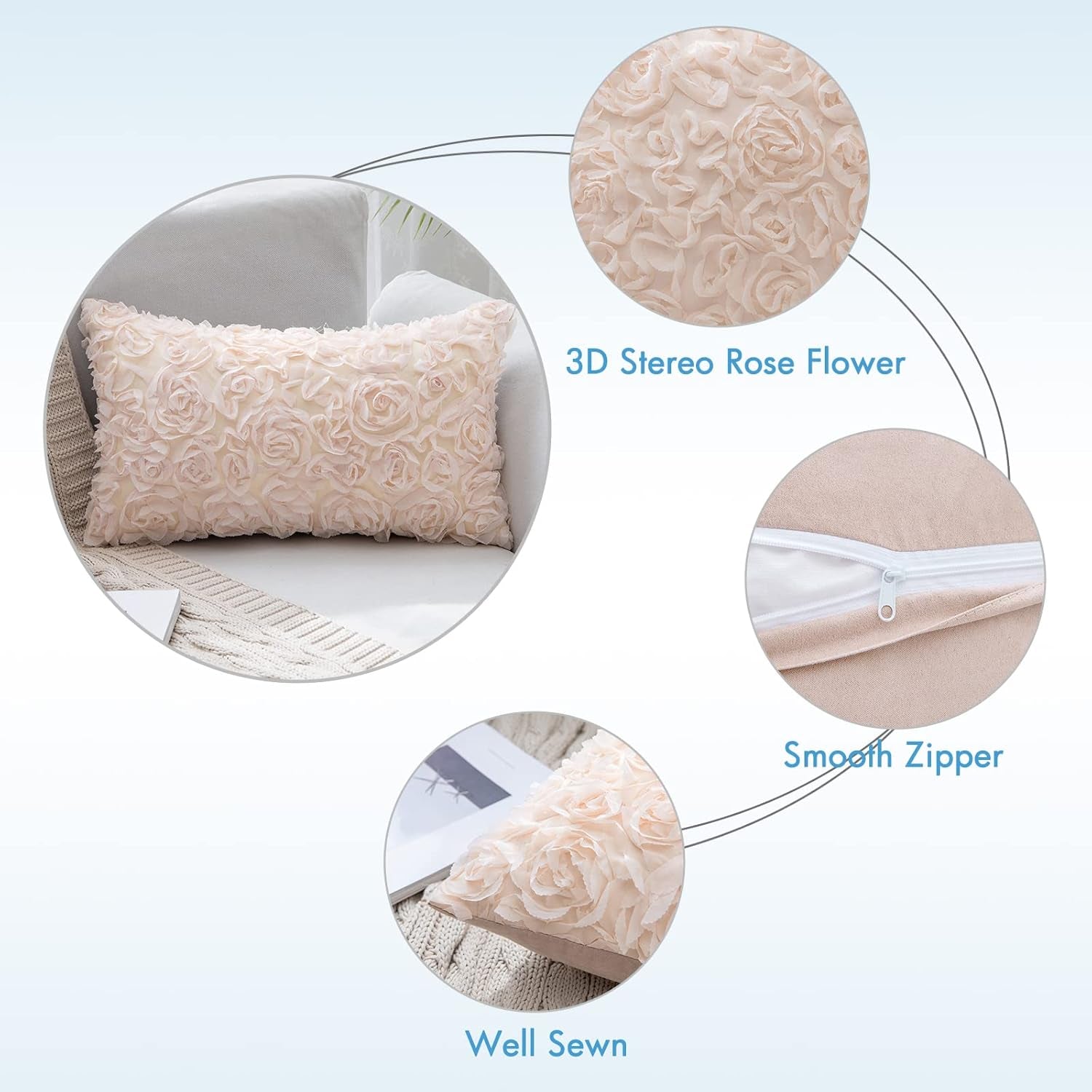 3D Decorative Chiffon Rose Flower Throw Pillow Cover for Valentine's Day - Solid Pillowcase for Women, Ideal for Wedding, Sofa, Bedroom, and Car Decor, 12x20 Inch (30x50 cm), Apricot Pink