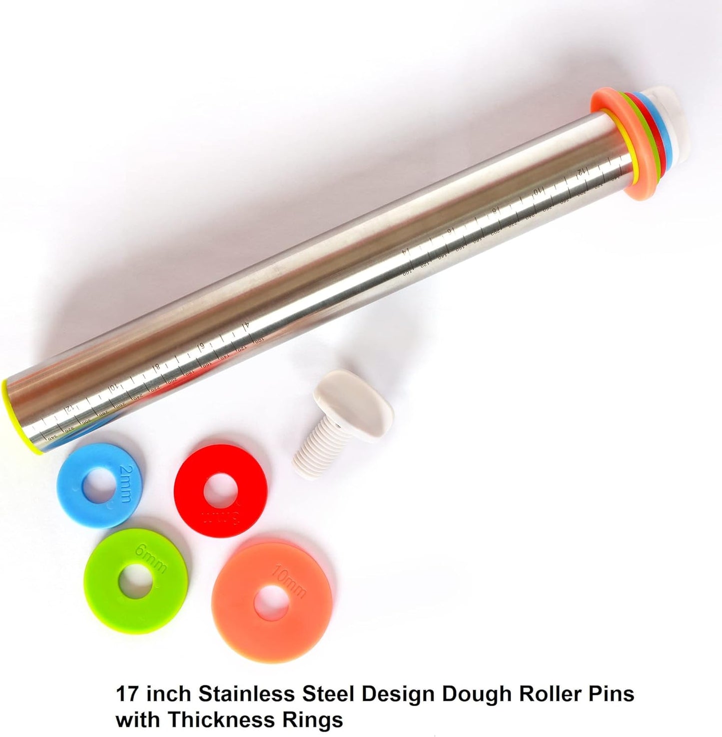 Adjustable Rolling Pin with Thickness Rings for Baking, Stainless Steel Desgins Dough Roller Pins with Silicone Pastry Nonstick Mat for Cookie Decorating Baking Supplies Fondant Cake Baker