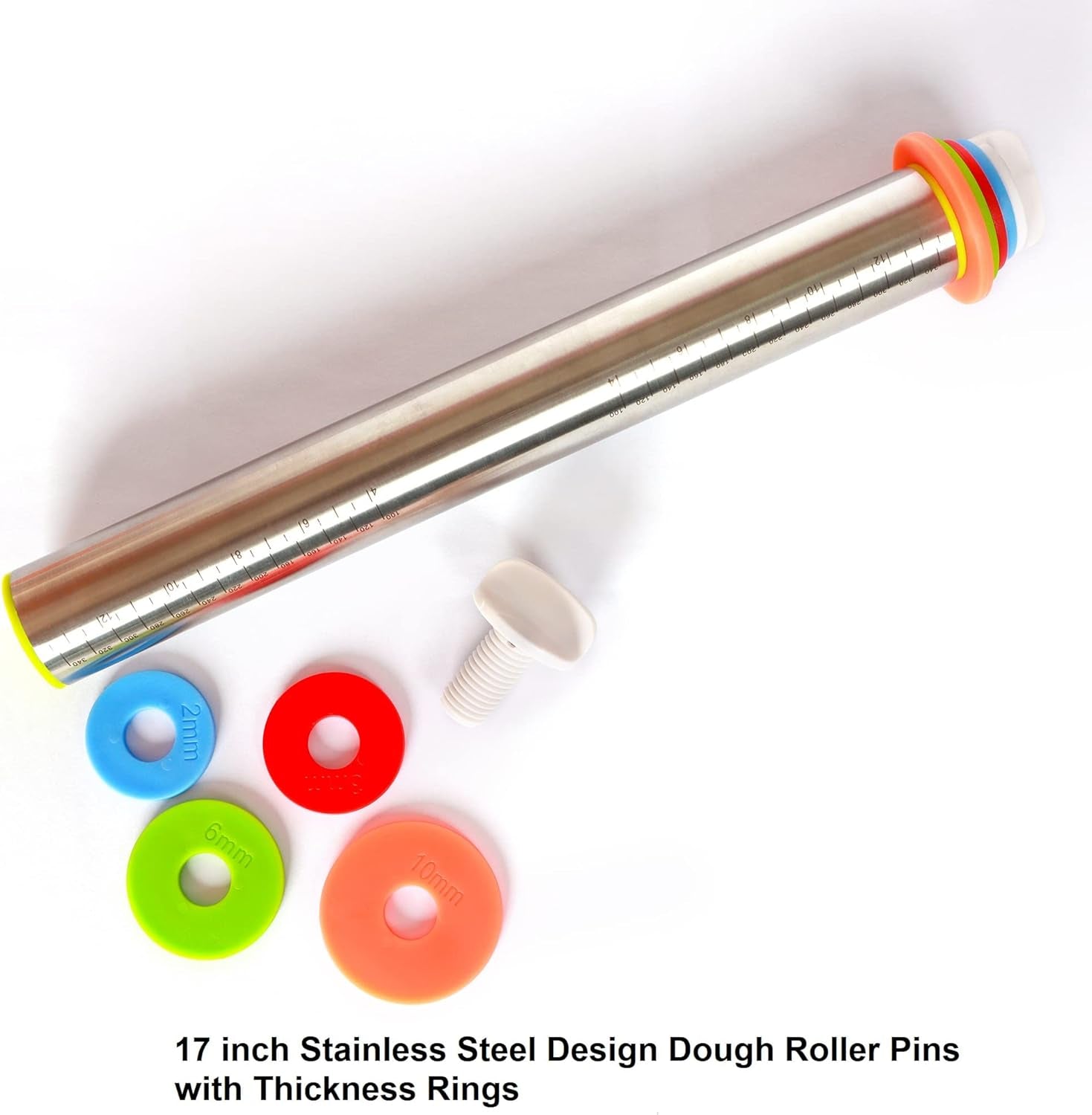 Adjustable Rolling Pin with Thickness Rings for Baking, Stainless Steel Desgins Dough Roller Pins with Silicone Pastry Nonstick Mat for Cookie Decorating Baking Supplies Fondant Cake Baker
