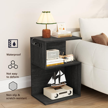 S Nightstand with Charging Station, 3 Tier Open End Table with Drawer, Wood Bedside Table with Storage for Living Room/Bedroom/Small Space, Black Oak