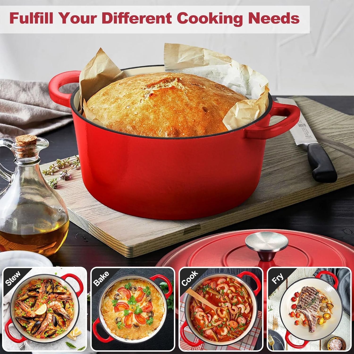 7QT Enameled Dutch Oven, Cast Iron Dutch Oven Pot with Lid for Bread Baking, Enameled Casserole Pot for Roasting Braising Stewing Frying Simmering, Various Stoves & Easy Clean, Red