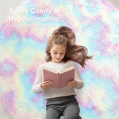 Rainbow round Rugs for Bedroom - Machine Washable, 3X3 Feet Circle Area Rugs for Living Room, Soft and Fluffy Shaggy Carpet for Teen Girls and Boys, Nursery Rooms, Dorms, Home Decor Aesthetic