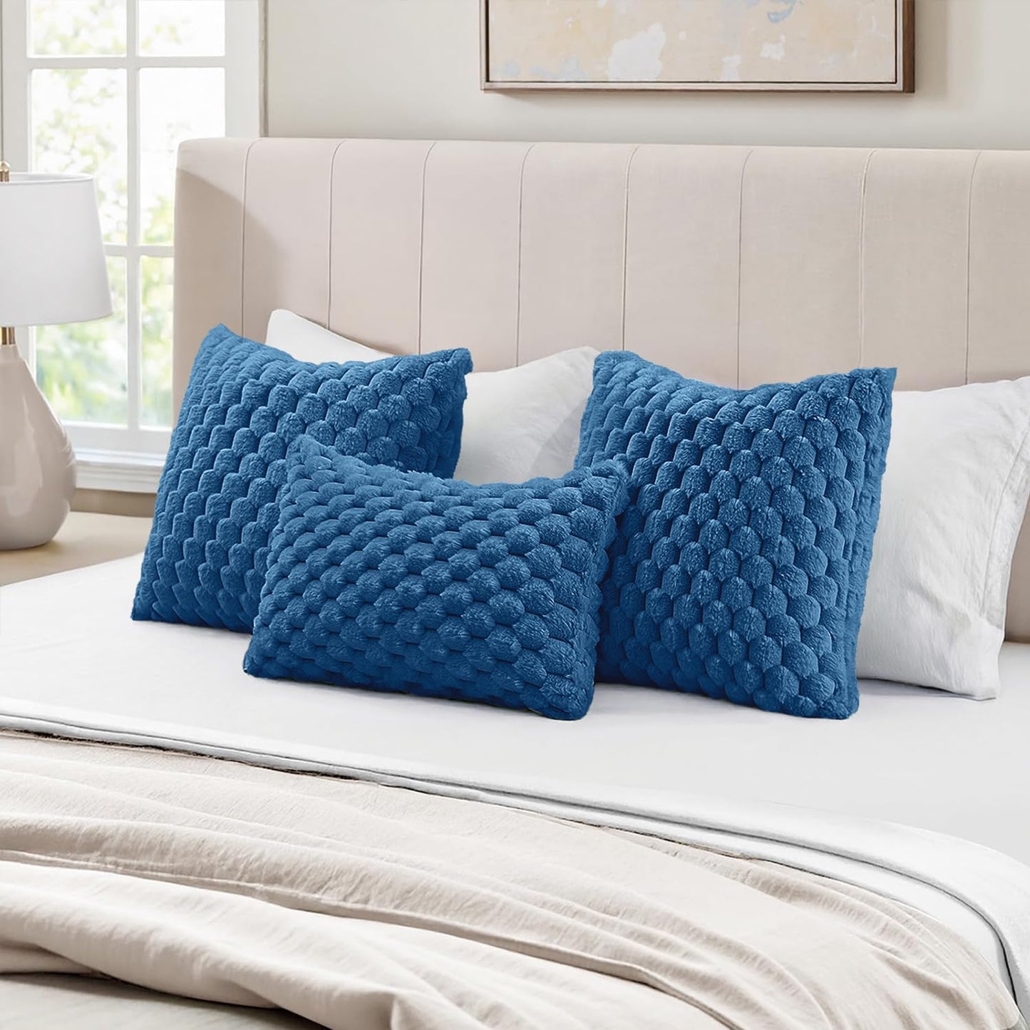 Navy Blue Faux Fur Decorative Throw Pillow Covers 18X18 Inch Set of 2 Super Soft Cozy Plush Cushion Cases Luxury Fluffy Pillowcases for Sofa Couch Bed Living Room