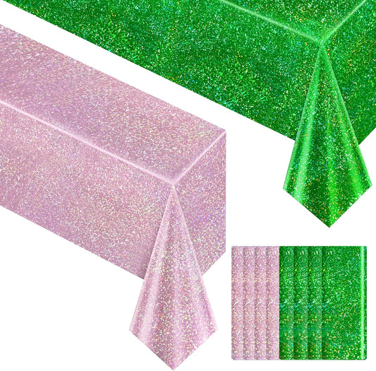 8-Piece Set of Pale Pink and Green Holographic Tablecloths, 40" x 108", Iridescent Plastic Table Decor for Birthday and Bachelorette Celebrations