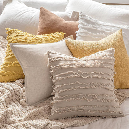 Set of 2 Decorative Boho Throw Pillow Covers Linen Striped Jacquard Pattern Cushion Covers for Sofa Couch Living Room Bedroom 18X18 Inch Beige