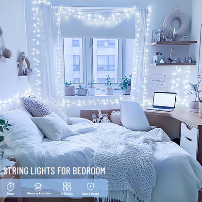 2 Pack 100 LED White Christmas Lights Indoor, 33Ft 8 Modes White String Lights Indoor Outdoor Connectable, Clear Wire Christmas String Lights for Bedroom Tree Xmas House Party Decorations