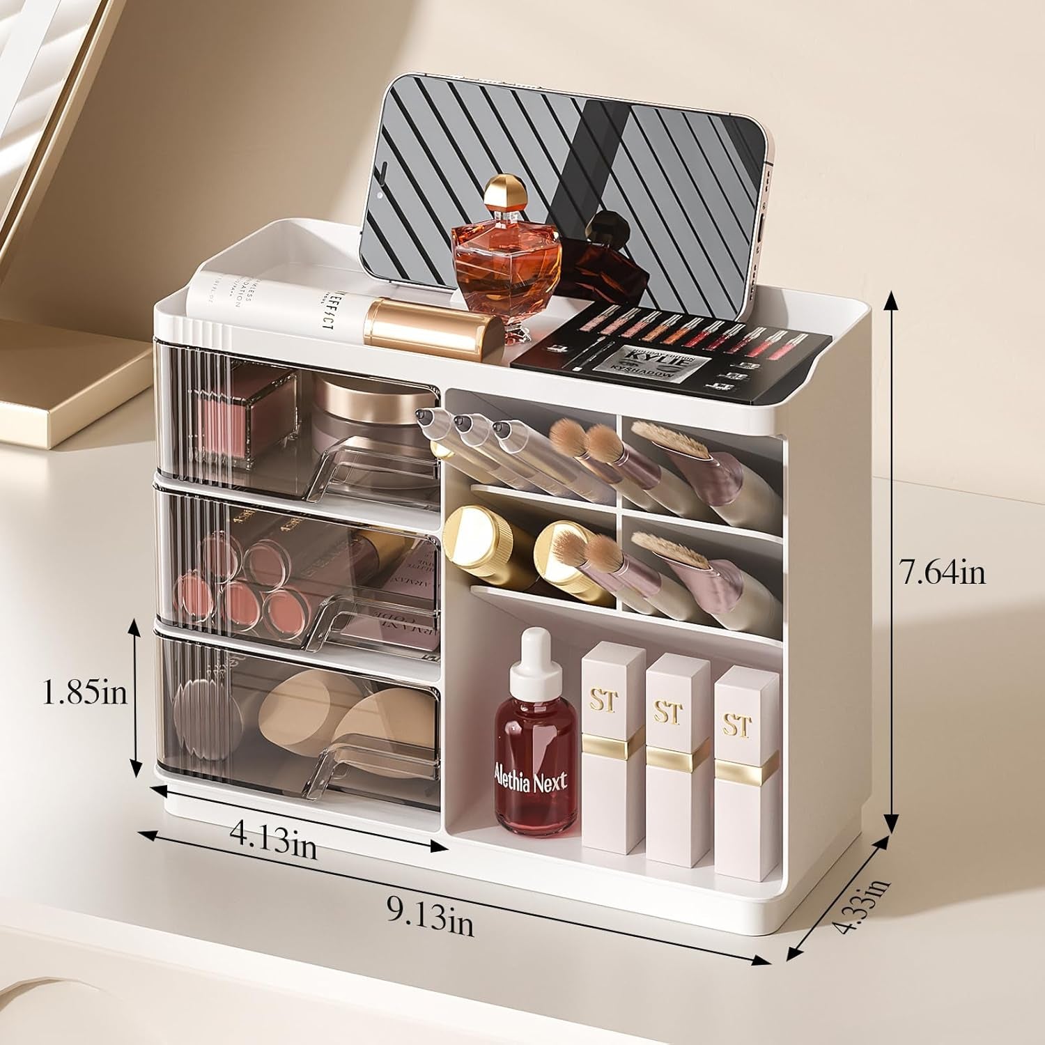 Makeup Organizer with Drawers, Multi-Function Vanity Organizer Countertop, Stackable Desk Organizer for Makeup Brush Lipstick Skincare Bathroom Vanity Organization and Storage, White