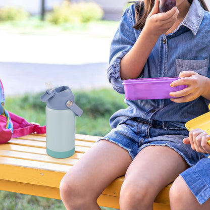 12 Oz Water Bottle, Kids Water Bottles for School, Toddler Water Bottle with Straw & Handle, 304 Stainless Steel Insulated Water Bottle, Non-Slip Silicone Base, BPA Free, Haze Blue