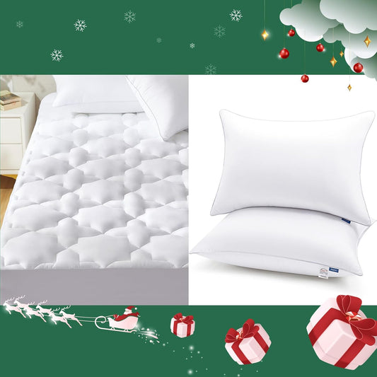 Queen Mattress Pad Cotton Mattress Cover Quilted Fitted Mattress Protector & Pillows Queen Size Set of 2, Hotel Quality Bed Pillows for Sleeping 2 Pack