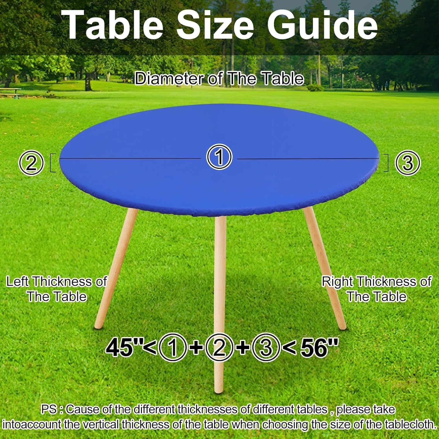 round Picnic Tablecloth, Waterproof Elastic Fitted Table Covers for 36" - 44" Tables, Wipeable Flannel Backed Vinyl Tablecloths for Camping, Indoor, Outdoor, Blue