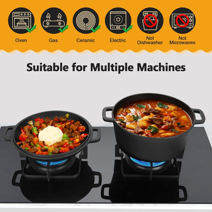 5Qt Dutch Oven Pot for Bread Baking (Black), 2 in 1 round Cast Iron Dutch Oven with Lid Set, Skillet & Pot for Roasting Braising Stewing Frying Simmering, Multi Stoves & Oven Safe