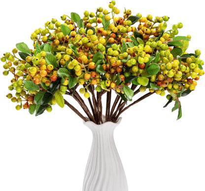 Artificial Orange Fall Berry Stems 20 PCS Fake Berries Branches Spray with Green Leaves 9.8 Inch Small Berry Picks for Thanksgiving Christmas Floral Crafts Home Decor, Orange Yellow