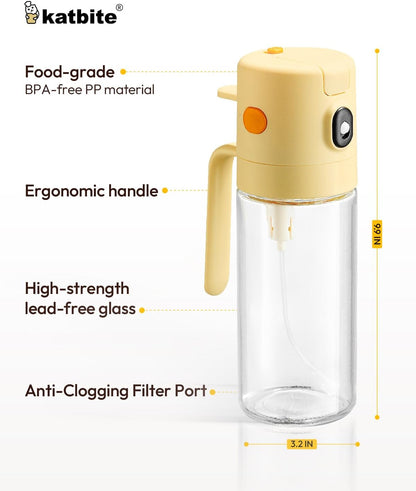 2 in 1 Oil Sprayer & Pour for Cooking, 18.6 Oz(550Ml) Glass Olive Oil Dispenser Bottle, One-Touch Open Lid, Non-Drip Leak-Proof Design, Fine Mist(0.5G/Spray) for Air Fryer, Salad, Yellow