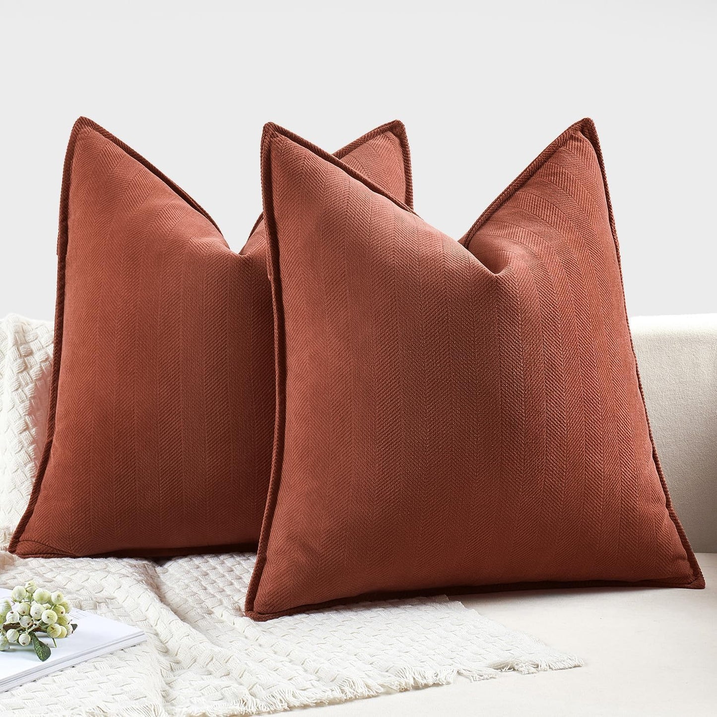 Pack of 2 Rust Decorative Pillow Covers 18X18 Inch Fall Soft Chenille Luxurious Couch Throw Pillows Farmhouse Cushion Covers with Elegant Design for Sofa Bedroom Living Room Home Decor