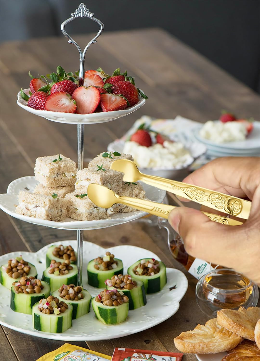 6PCS Mini Serving Tongs 5-Inch Small Rose Sugar Cube Appetizer Tongs, Tiny Metal Tong for Tea Party, Coffee Bar, Desserts (Gold)