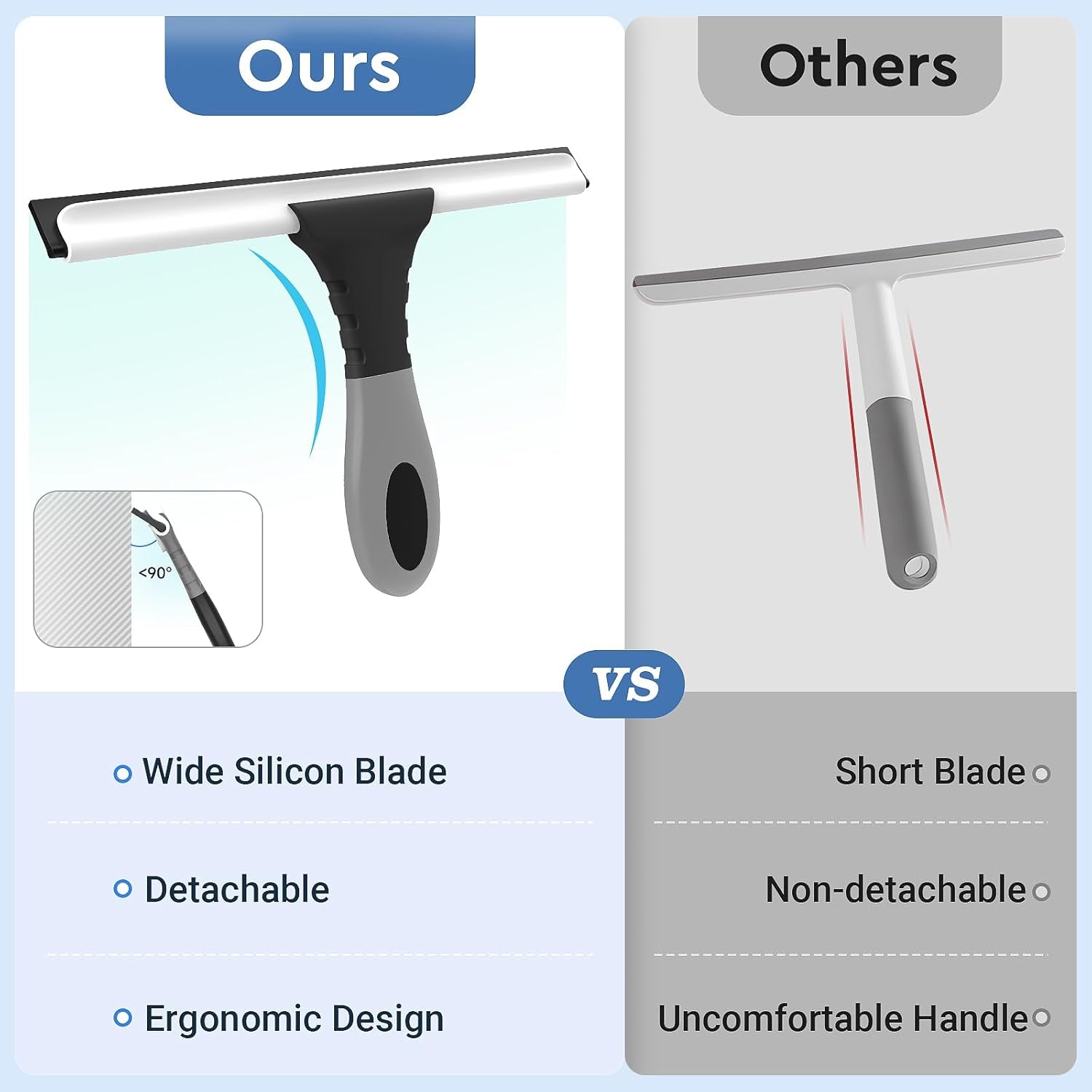 All-Purpose Silicone Shower Squeegee for Glass, Window, Door, Mirror, Car Windshield & Tile Wall, Portable Cleaner Tools, Includes One Hook & One Adhesive,10 Inches (Black)