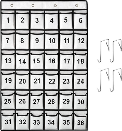 36-Pocket Numbered Classroom Pocket Chart for Cell Phone and Calculator Storage with 4 Stainless Steel Hooks (White)
