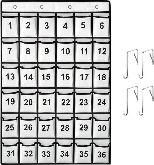 36-Pocket Numbered Classroom Pocket Chart for Cell Phone and Calculator Storage with 4 Stainless Steel Hooks (White)