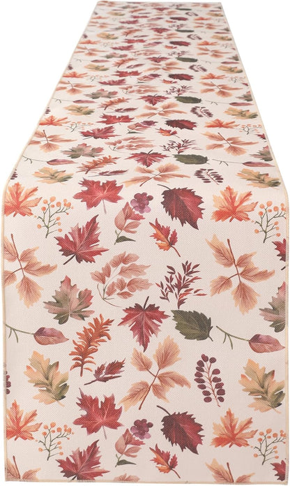 Fall Table Runner for Kitchen Dining Table, Thanksgiving Autumn Printed Harvest Pumpkins Maple Leaves Textured Fabric Halloween Holiday Home Decorations, Water-Proof, Washable, 13" W X 36" L