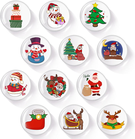 12-Pack Christmas Magnets for Fridge, Glass Christmas Refrigerator Magnets, Small Xmas Decorative Magnets, Cute Funny Fridge Magnets for Home Kitchen Office Dishwasher (Round Shape)