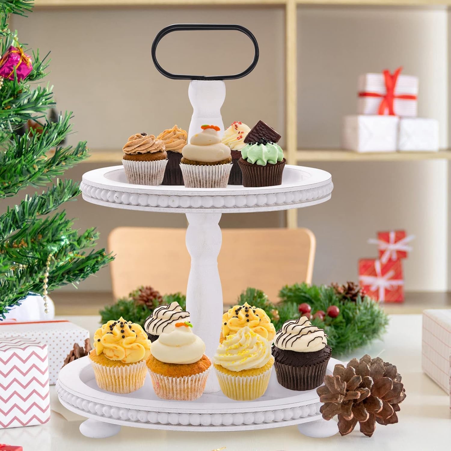 Wooden Decorative Tray Two Tiered Trays Decorations round Serving Tray with Metal Handle, Wooden Cupcake Stand for Party Tiered Dessert Stand - Retro White Farmhouse Wood Tray