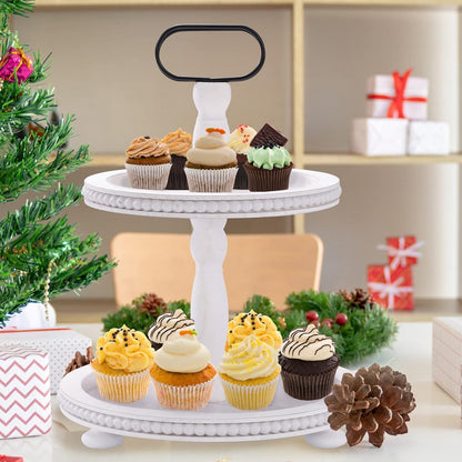Wooden Decorative Tray Two Tiered Trays Decorations round Serving Tray with Metal Handle, Wooden Cupcake Stand for Party Tiered Dessert Stand - Retro White Farmhouse Wood Tray