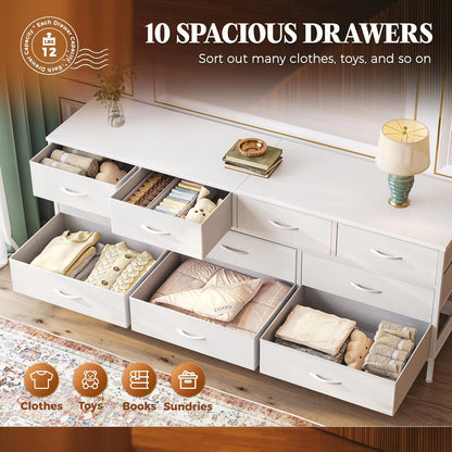 63-Inch White Dresser with 10 Fabric Drawers, Versatile TV Stand for 55 to 70 Inch TVs, Ideal Toy Storage Organizer for Bedroom or Closet