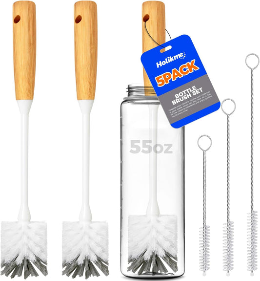 5 Pack Bottle Brush Cleaner Set, 14" Bamboo Handle Bottle Cleaner Brush, 3 Straw Brushes, Bottle Cleaning Brush for Water Bottle, Cups, Baby Bottle, Straws Grey White