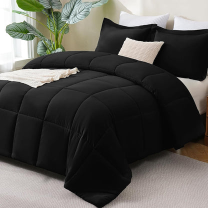 Queen Comforter Set Black - 3 Pieces Box Stitched Comforters Queen Size, Soft Bed Set for All Seasons, Lightweight Bedding Sets with 1 down Alternative Comforter and 2 Pillow Shams