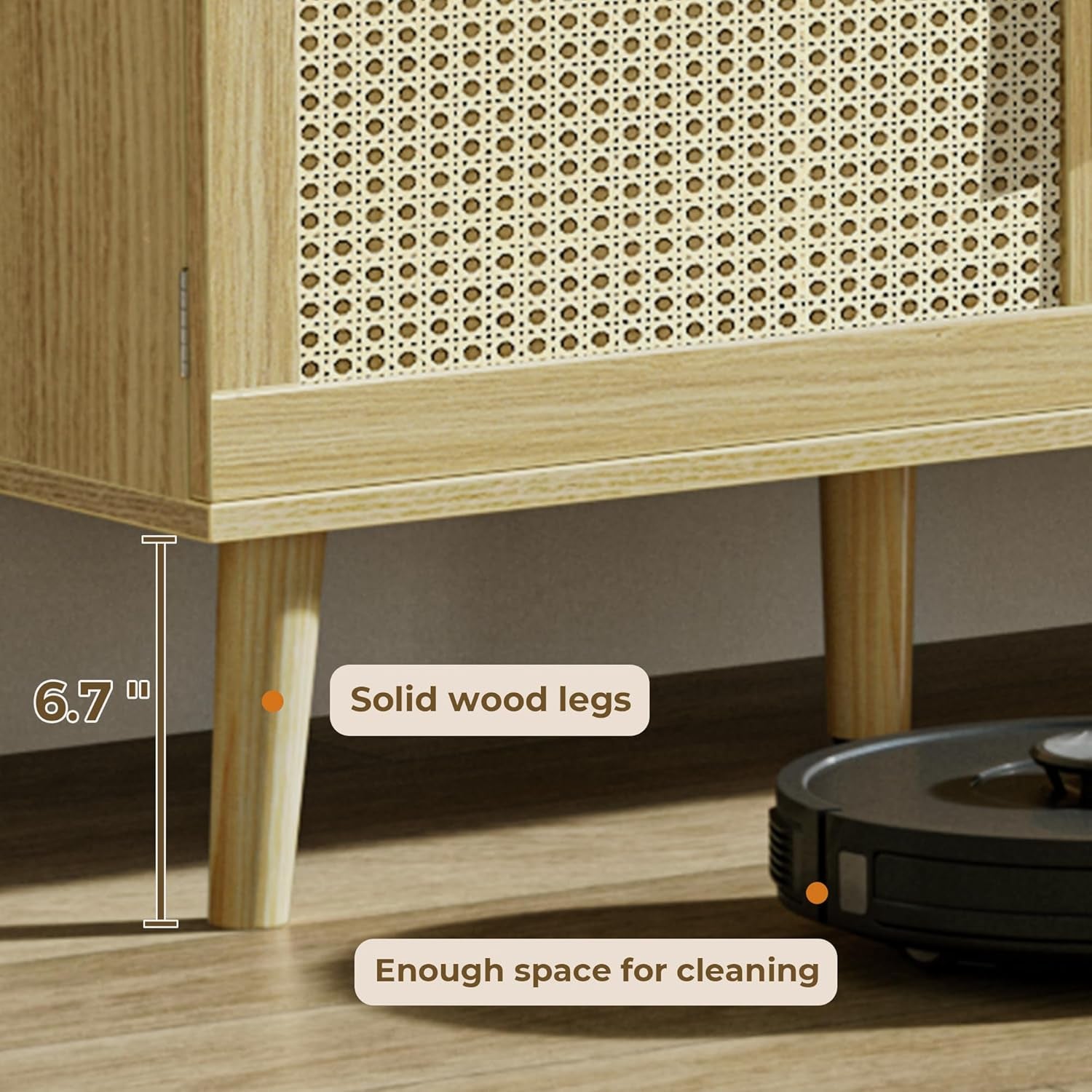 Bohemian-Style TV Stand for 65-Inch TVs, Adjustable Shelf Entertainment Center with Rattan Design, Dual Cabinets, Solid Wood Legs, Media Console with 4 Cord Management Holes - Natural Finish