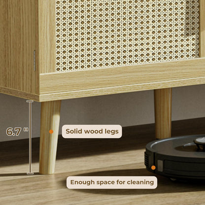 Bohemian-Style TV Stand for 65-Inch TVs, Adjustable Shelf Entertainment Center with Rattan Design, Dual Cabinets, Solid Wood Legs, Media Console with 4 Cord Management Holes - Natural Finish