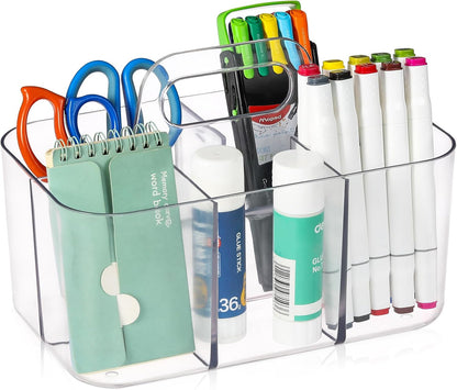 Multiuse Caddy Organizer with Handle - Stackable Plastic Tote Bin - Art Craft Supplies, Office, Desk, Stationery Pen Holder, Kitchen, Utensil, Makeup, Bathroom, Shower, Cleaning, Dorm Organizer -Clear