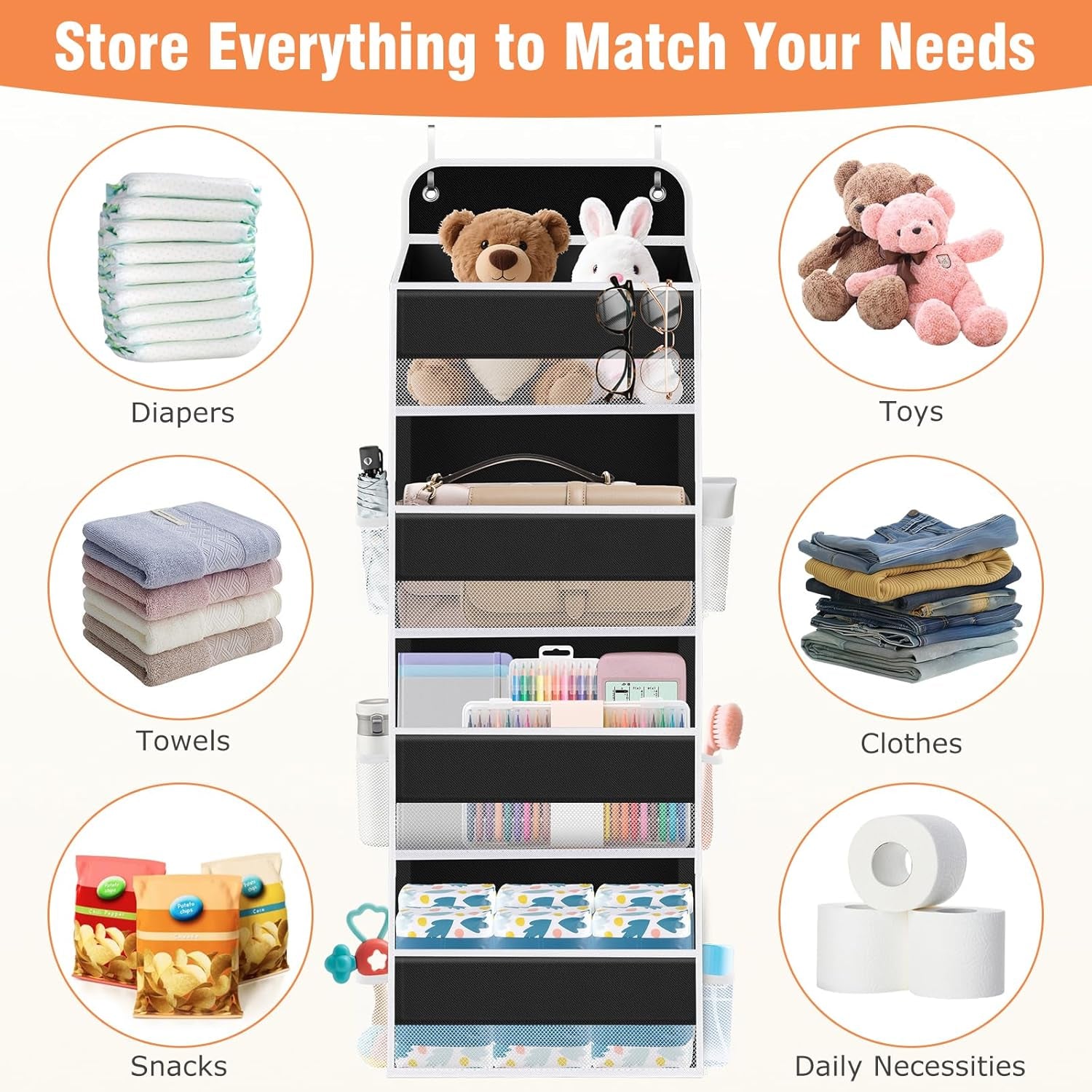 over the Door Organizer Storage 4 Shelves Large Capacity Hanging Bedroom Storage Solution with 6 Side Pockets for Dorm Bathroom Pantry Nursery and Baby Essentials Holds up to 40 Lbs (Black)