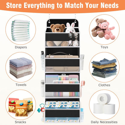 over the Door Organizer Storage 4 Shelves Large Capacity Hanging Bedroom Storage Solution with 6 Side Pockets for Dorm Bathroom Pantry Nursery and Baby Essentials Holds up to 40 Lbs (Black)