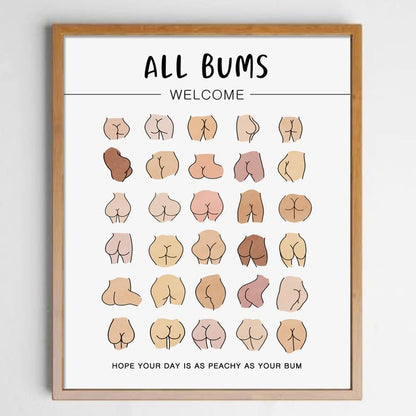 Body Positive Wall Art, Funny Bathroom Art, Self Love Print, All Bums Welcome, Cute Bathroom Butts, Bum Collage, Bathroom Wall Decor, No Framed (8X10 INCH)