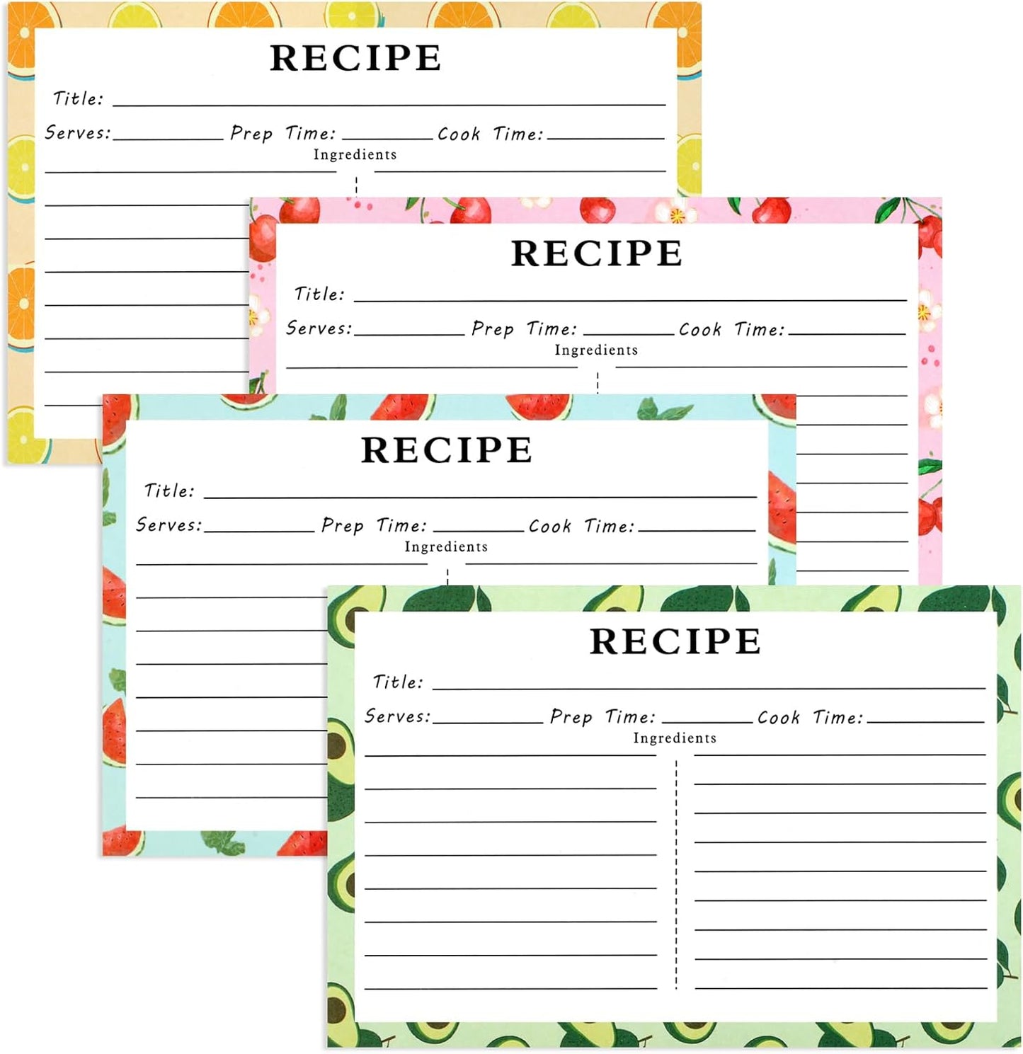 72 Blank Recipe Cards for Bridal Shower and Wedding - 4X6 Double Sided, 4 Fruit Design