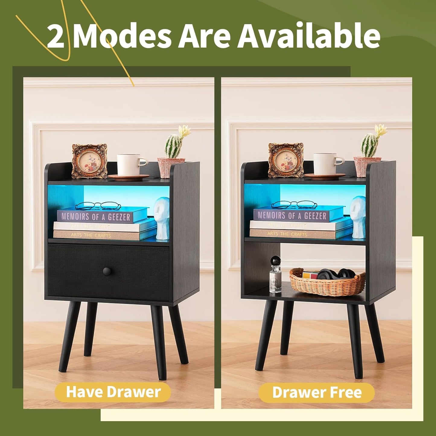 Nightstand with Charging Station, Modern Night Stand with LED Lights, Wood Nightstands with Fabric Drawer & Storage Shelf, Night Stands Bedside Table with USB Ports for Bedroom, Office, Home