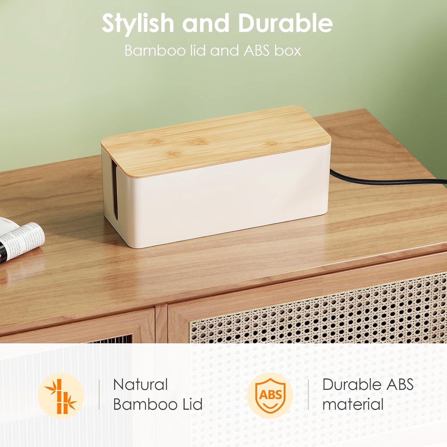 2 Pack Cable Management Box, Safe ABS Wood Grain Desk Medium and Small Cord Organizer, Baby-Pet Proof Lock under Desk Cover Hidden for USB Hub TV Wires Computer Desks and Power Strips