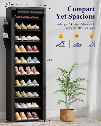 Shoe Rack - 10-Tier Large Capacity Shoe Organizer Shelf with Dust Cover & Side Pockets, Rust-Proof Metal Shoe Rack for Closet, Entrance, Living Room, 17.5" X 12.4" X 69.3", Black