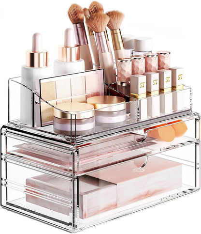 3-Tier Clear Makeup Organizer with Drawer, Acrylic Cosmetic Display Case for Makeup Vanity Bathroom Counter Organizers and Storage, Stackable Vanity Organizer for Brushes Lipsticks Skincare