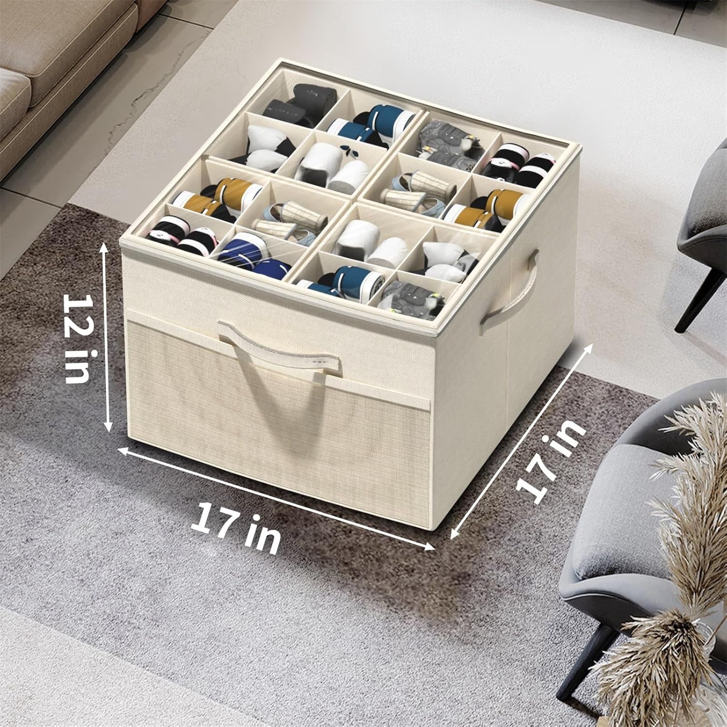 Shoe Organizer for Closet, 2 Pack Foldable Shoe Storage Organizer Box Bin with Adjustable Dividers and Clear Cover, Fits up to 16-32 Pairs (Beige)