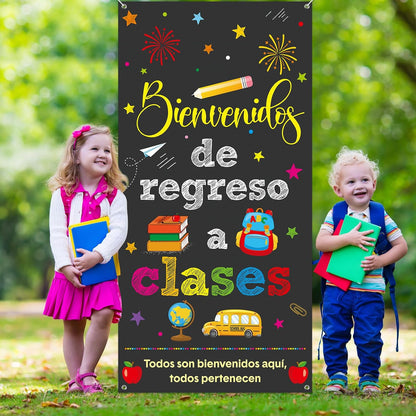 Bienvenidos De Regreso a Clases Banner Spanish Welcome Back to School Banner Door Cover Polyester Hanging Banner Backdrop Porch Sign for First Day of School Classroom Decorations, 70.8 X 35.4Inch