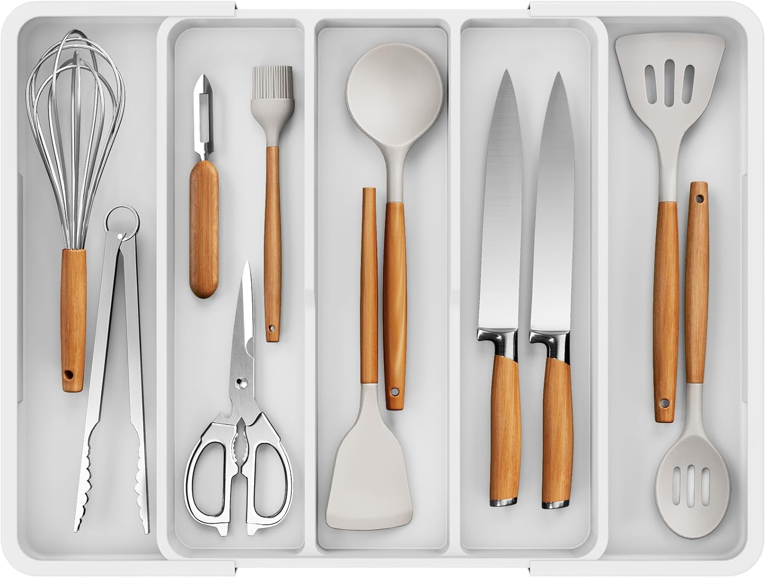 Expandable Silverware Organizer – Large Utensil Drawer Kitchen Organization with 5 Compartments, Easy-Clean, Home & Apartment Essentials, White, 13.6" X 1.4"X 11.0"~19.9"