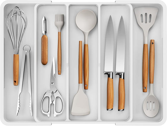 Expandable Silverware Organizer – Large Utensil Drawer Kitchen Organization with 5 Compartments, Easy-Clean, Home & Apartment Essentials, White, 13.6" X 1.4"X 11.0"~19.9"