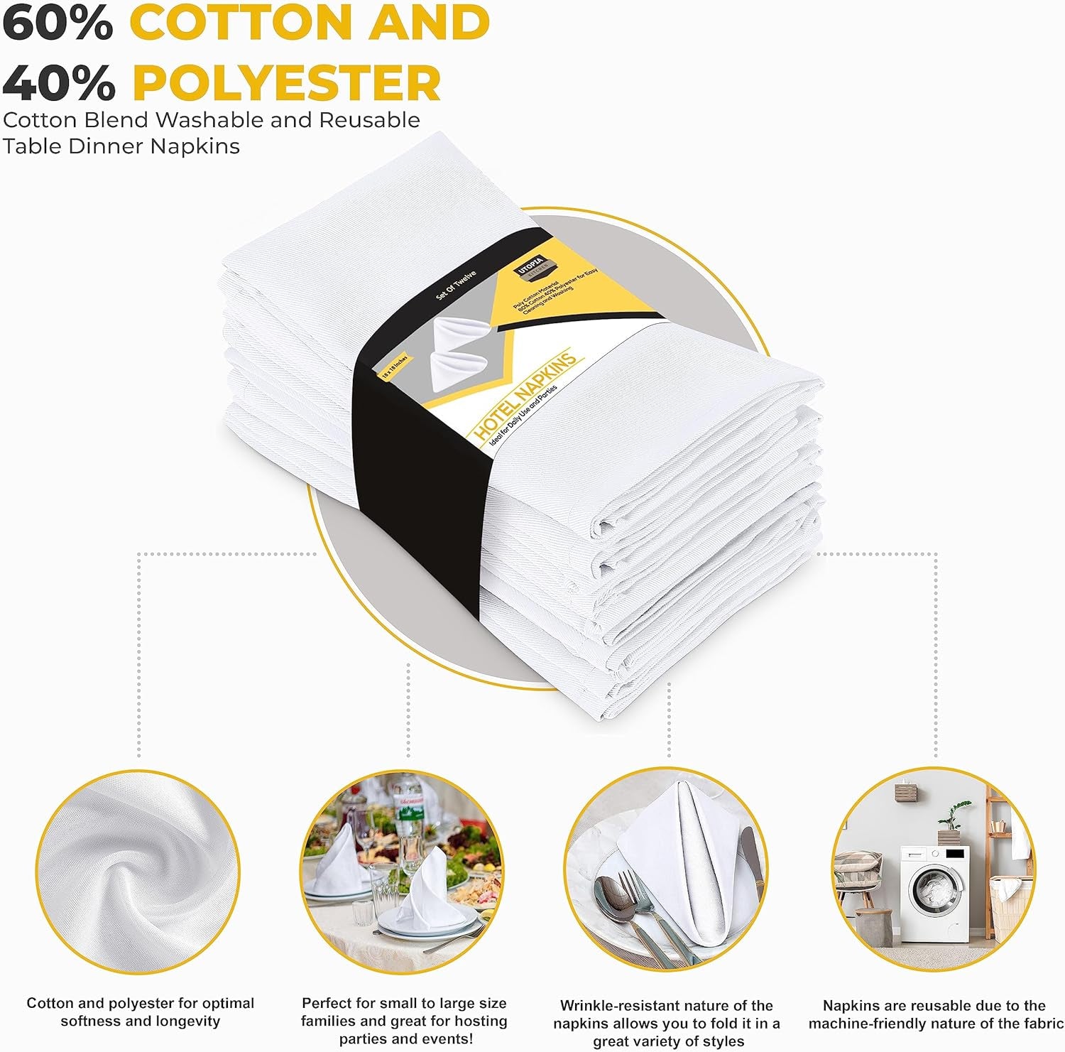 White Cloth Napkins [12 Pack, 18X18 Inch] Absorbent Cotton Blend Washable and Reusable for Dinner, Restaurant, Lunch, Wedding and Hotel
