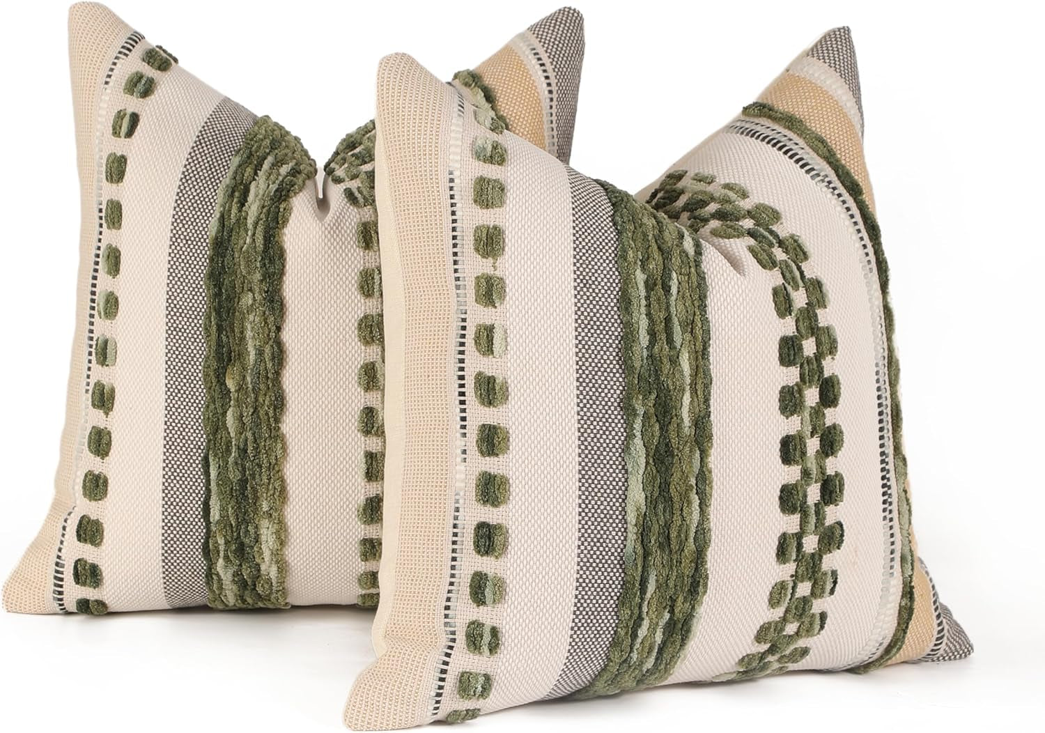 Pack of 2 Boho Throw Pillow Covers Accent Striped Pillowcovers Farmhouse Decorative Cushion Case Home Decor 18 X 18 Inch Dark Green
