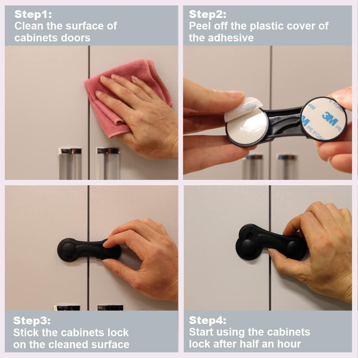 Child Safety Cabinet Locks - 4-Pack Childproof Latches with Adhesive for Drawers, Cupboards, Closets, and Pantry Doors, Featuring Baby-Proof Fridge Lock for Infant and Toddler Protection