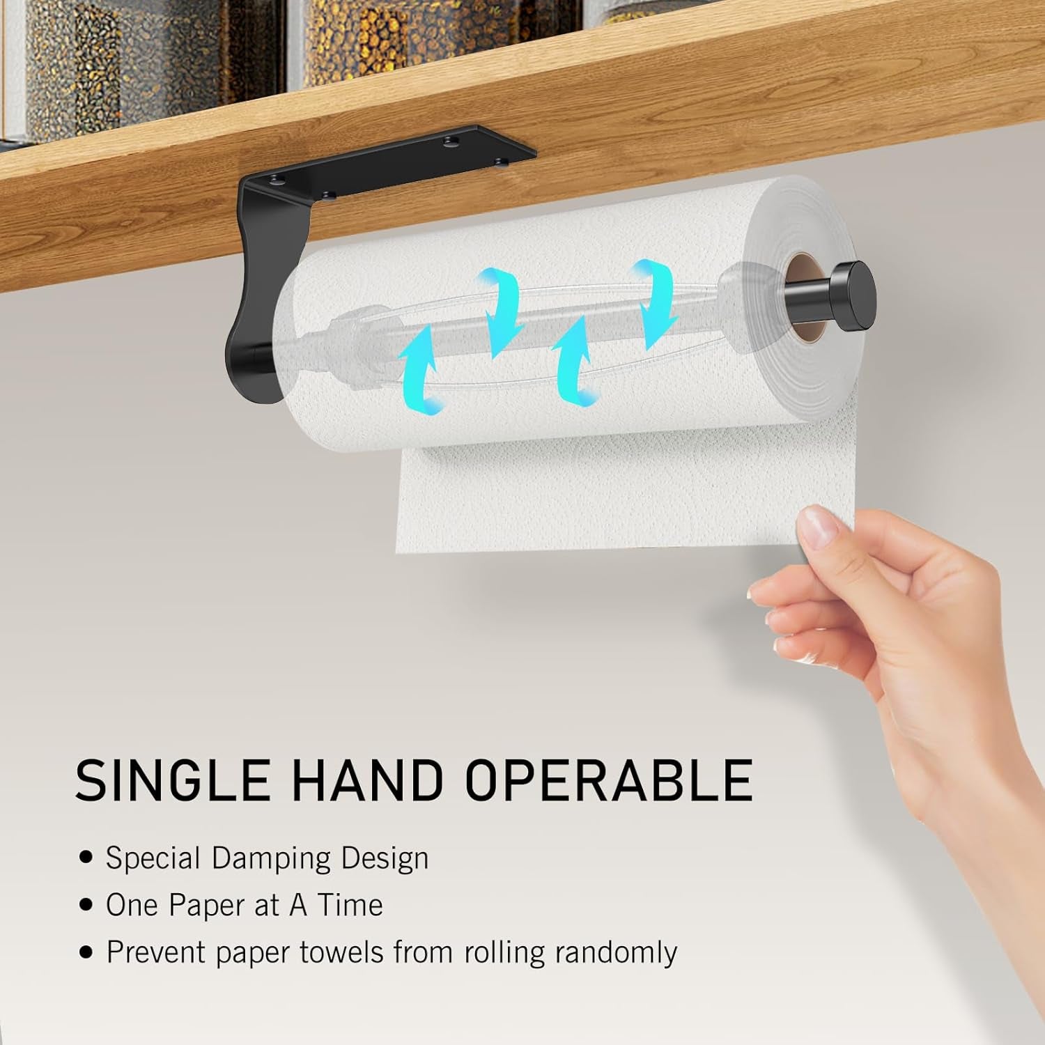 Paper Towel Holder, Single Hand Operable Paper Towel Holder under Cabinet with Adjustable Damper, Easy Tear, Wall Mount, Self-Adhesive or Drilled for Kitchen Bathroom, Black